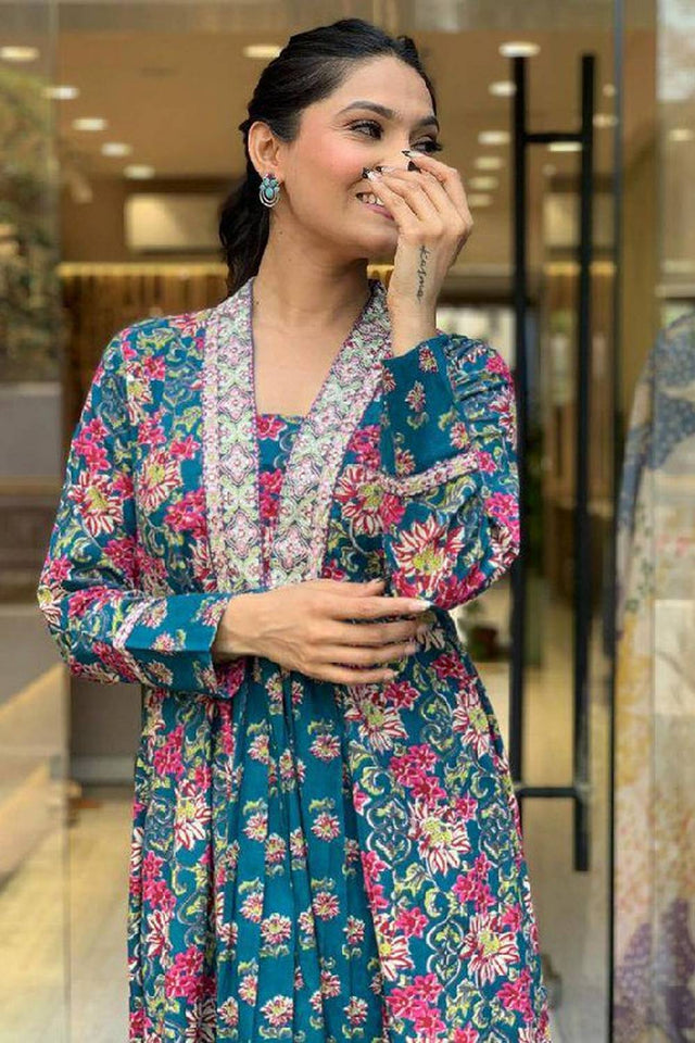 Multi-Color Floral Printed Cotton Anarkali Suit Set