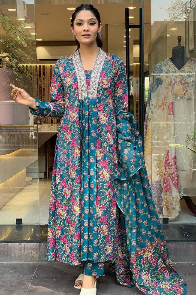 Multi-Color Floral Printed Cotton Anarkali Suit Set