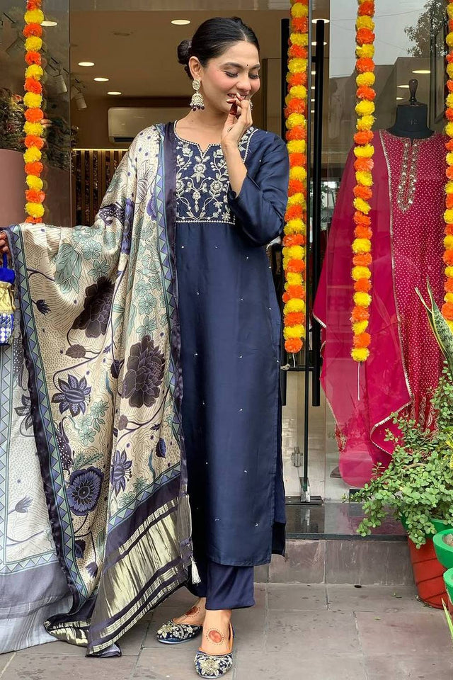 Turquoise Floral Embroidered Chanderi Straight Cut Suit Set