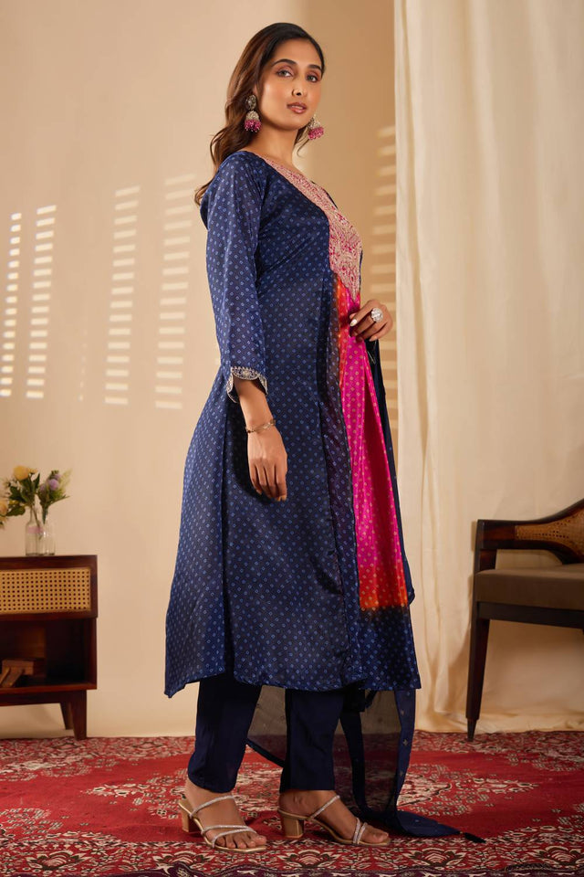 Blue Mirror Sequin with Embroidered Rayon Anarkali Suit Set
