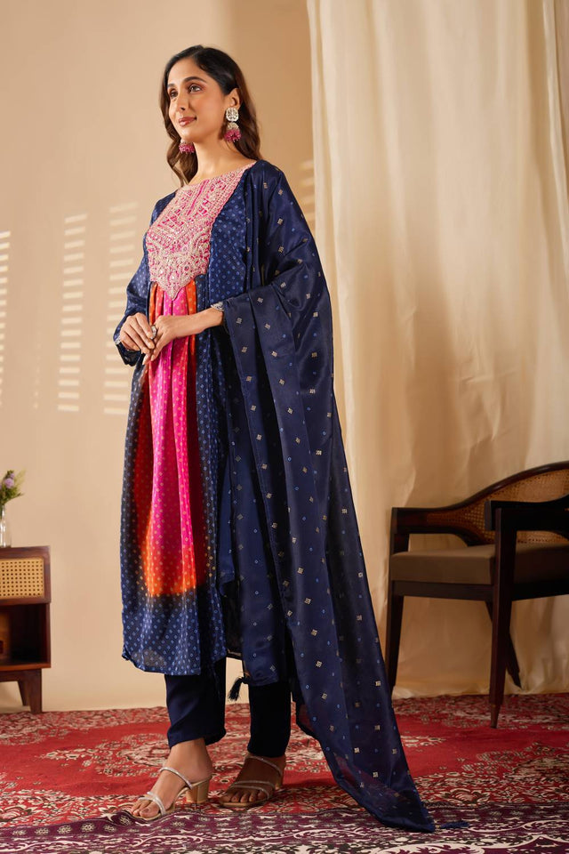 Blue Mirror Sequin with Embroidered Rayon Anarkali Suit Set