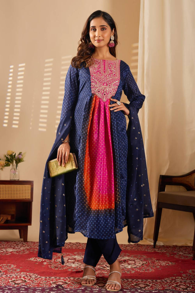 Blue Mirror Sequin with Embroidered Rayon Anarkali Suit Set