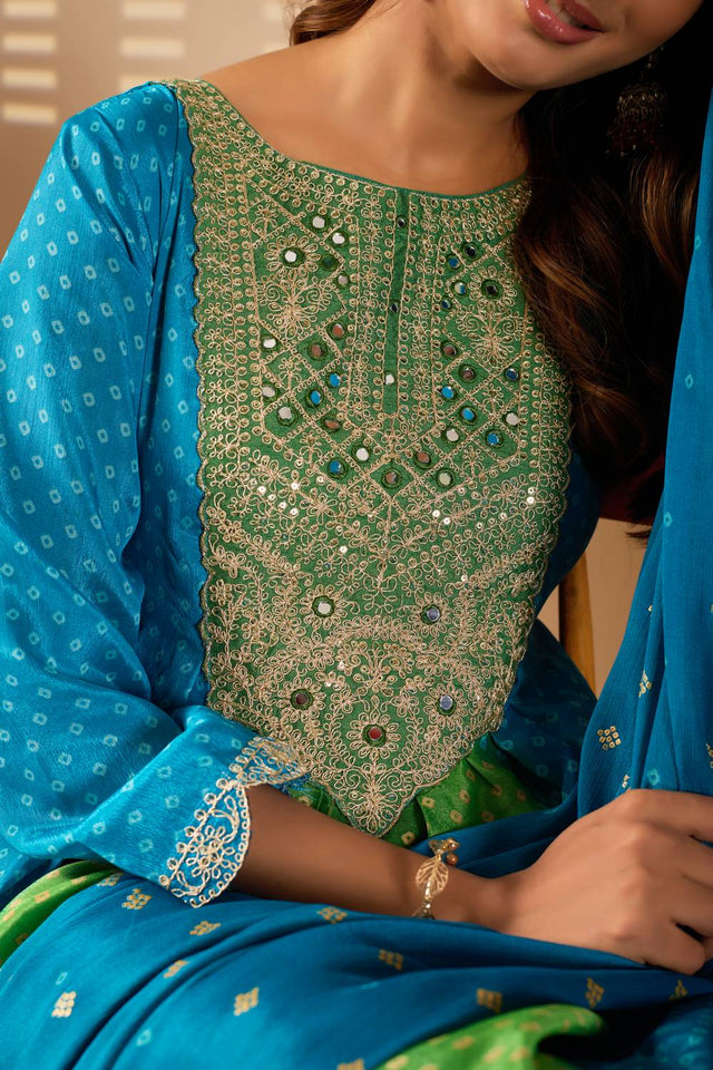 Turquoise Mirror Sequin with Embroidered Rayon Anarkali Suit Set