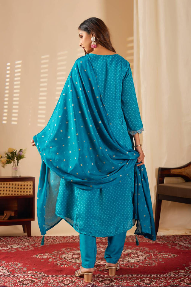 Turquoise Mirror Sequin with Embroidered Rayon Anarkali Suit Set
