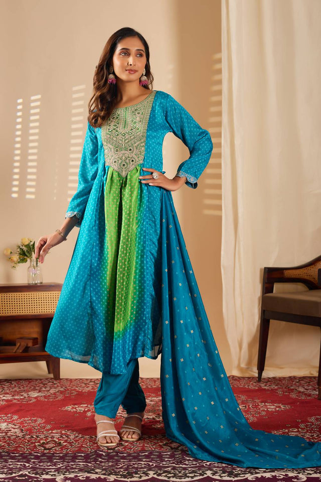 Turquoise Mirror Sequin with Embroidered Rayon Anarkali Suit Set