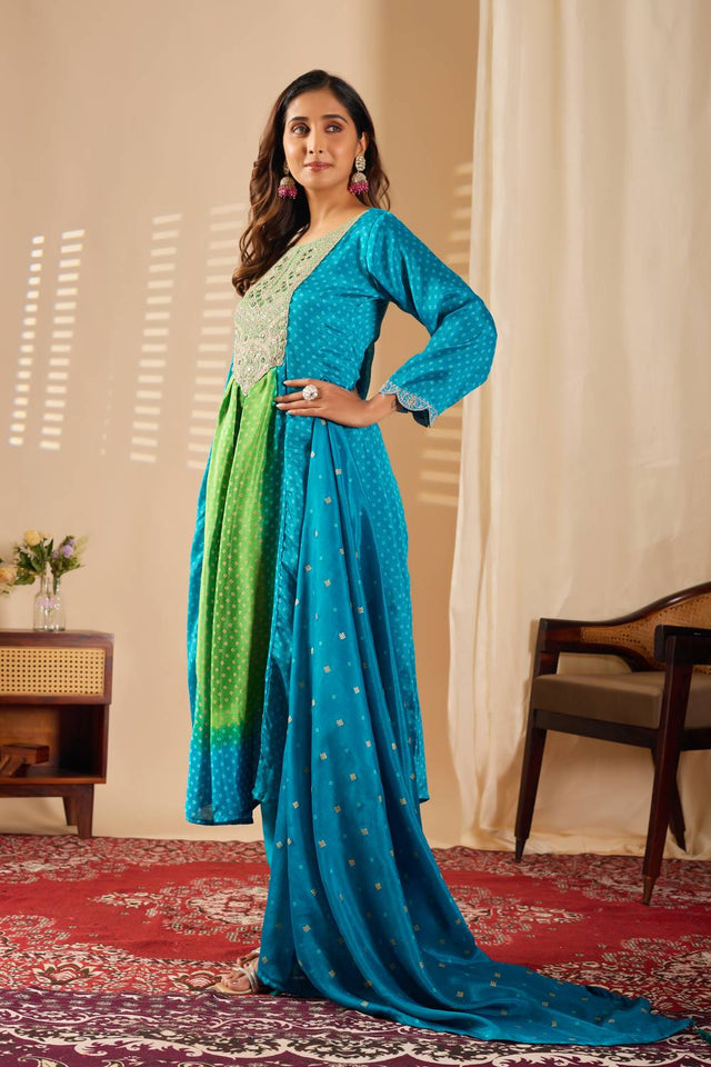 Turquoise Mirror Sequin with Embroidered Rayon Anarkali Suit Set