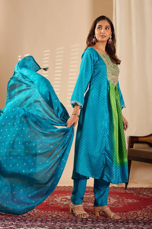 Turquoise Mirror Sequin with Embroidered Rayon Anarkali Suit Set