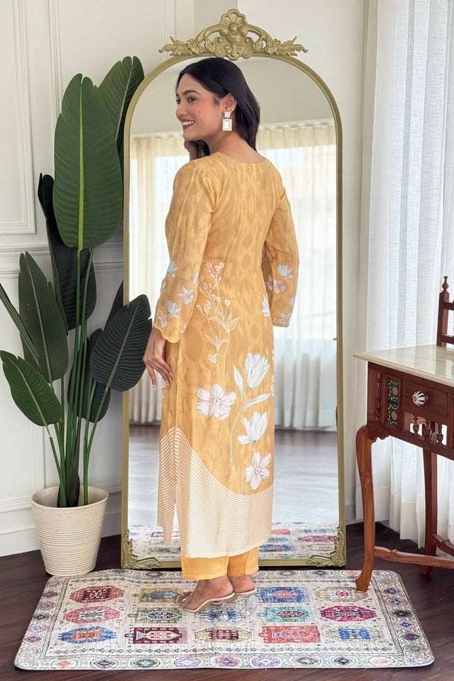 Beige Floral Embroidered Muslin Straight Cut Suit Set