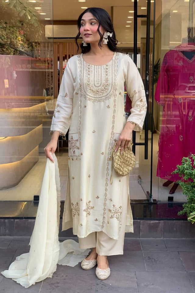 White Floral Embroidered Art Silk Straight Cut Suit Set