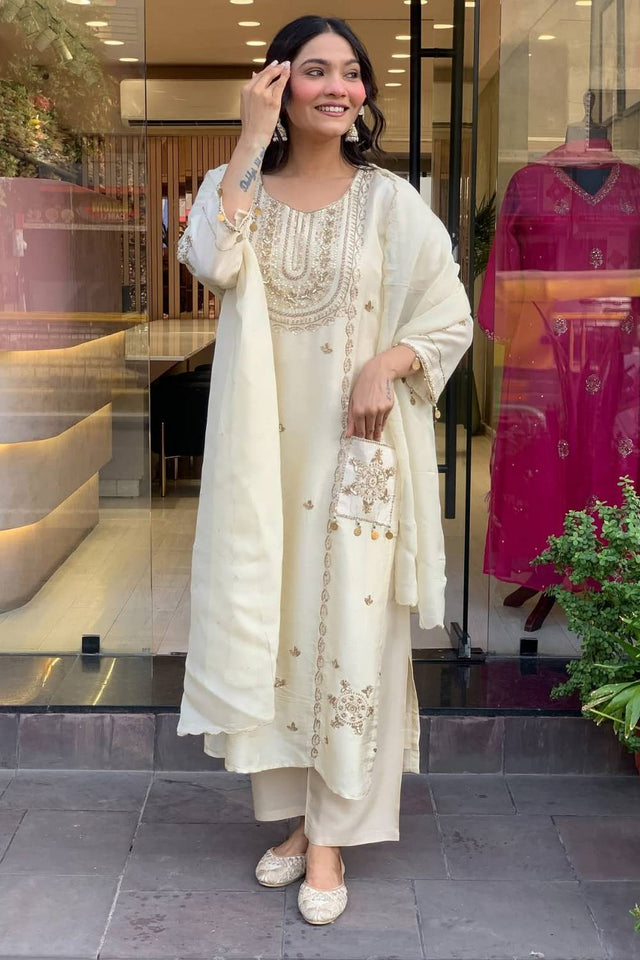 White Floral Embroidered Art Silk Straight Cut Suit Set