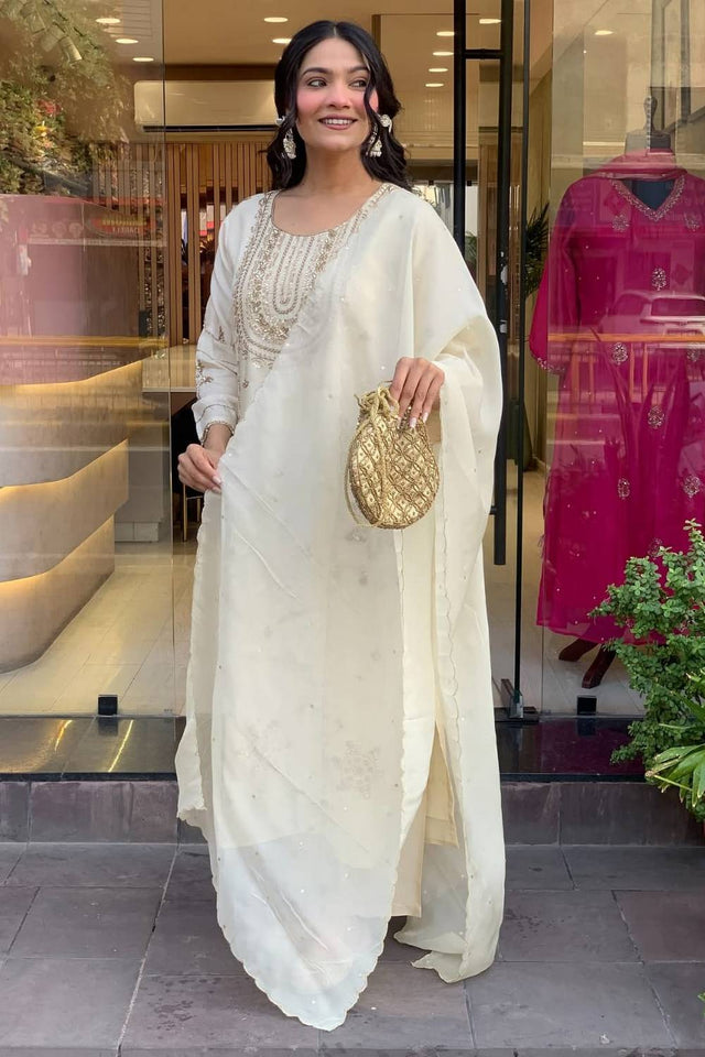 White Floral Embroidered Art Silk Straight Cut Suit Set