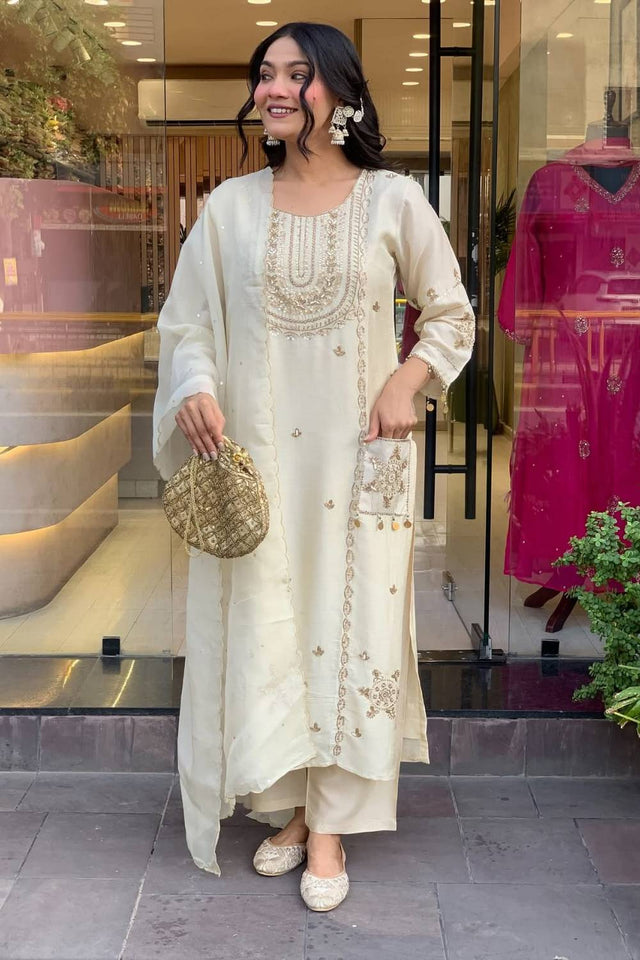 White Floral Embroidered Art Silk Straight Cut Suit Set