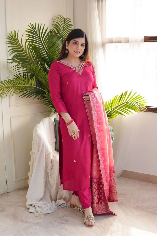 Pink Floral Embroidered Chanderi Straight Cut Suit Set