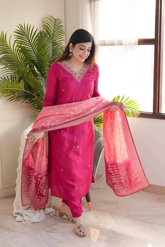 Pink Floral Embroidered Chanderi Straight Cut Suit Set
