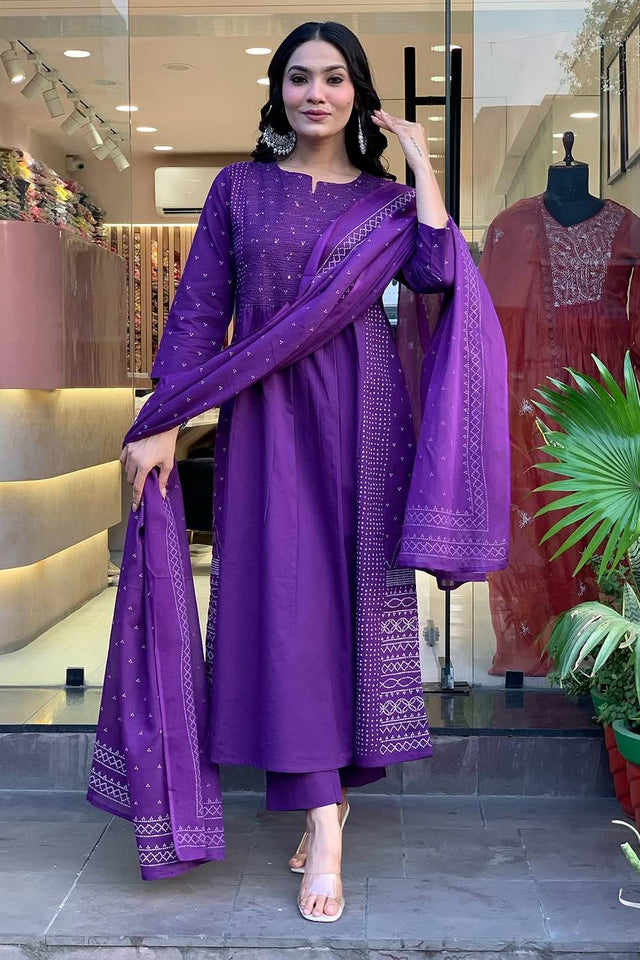 Violet Sequin with Embroidered Chanderi Anarkali Suit Set