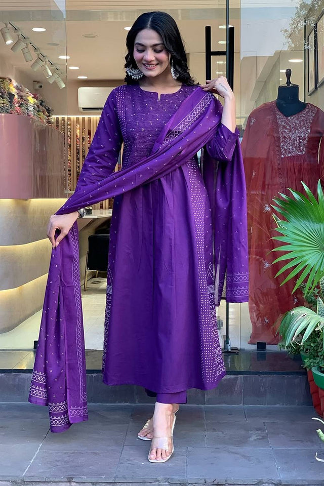 Violet Sequin with Embroidered Chanderi Anarkali Suit Set