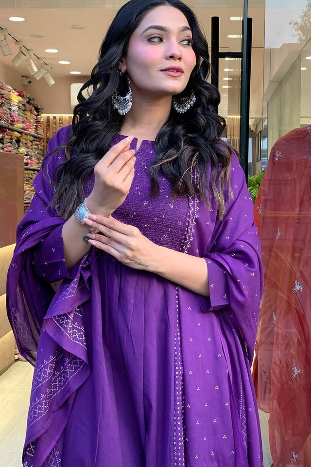 Violet Sequin with Embroidered Chanderi Anarkali Suit Set