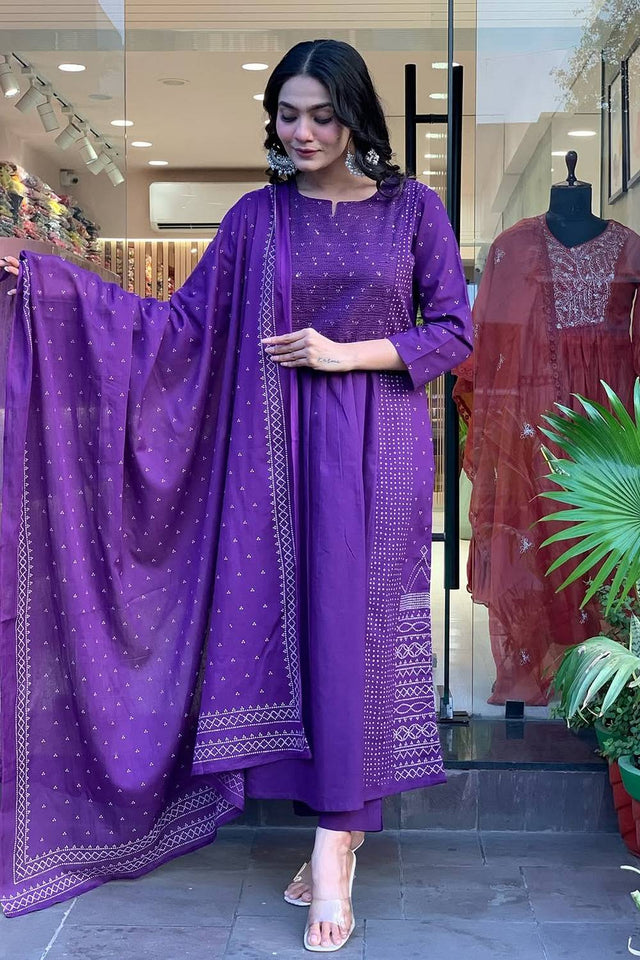 Violet Sequin with Embroidered Chanderi Anarkali Suit Set