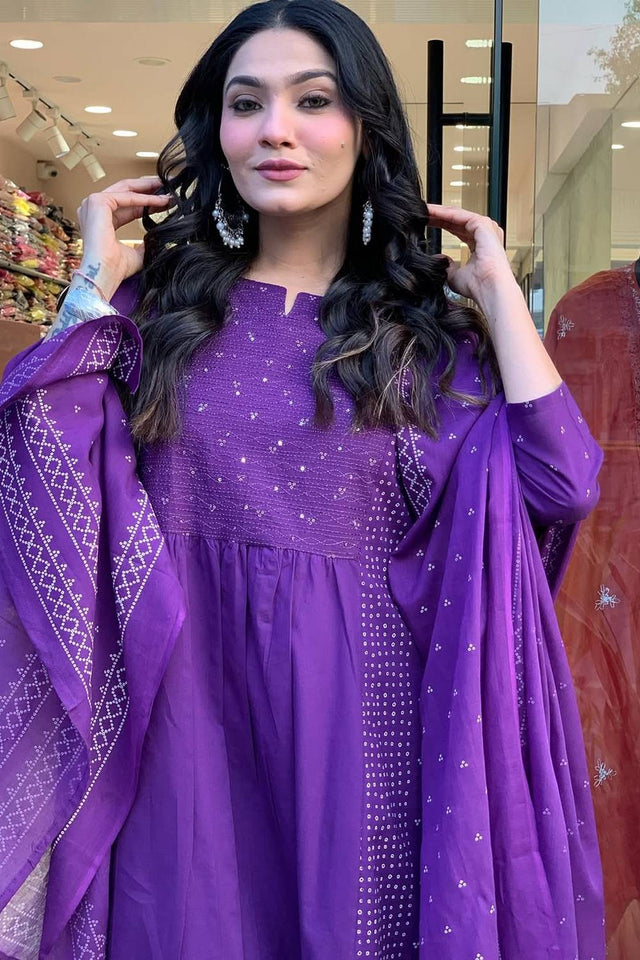 Violet Sequin with Embroidered Chanderi Anarkali Suit Set