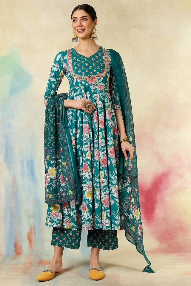 Green Floral Printed Cotton Anarkali Suit Set