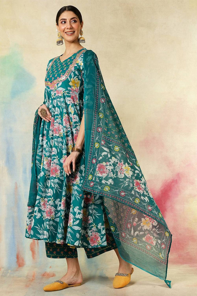 Green Floral Printed Cotton Anarkali Suit Set