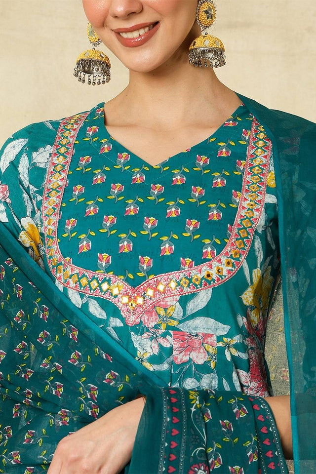 Green Floral Printed Cotton Anarkali Suit Set