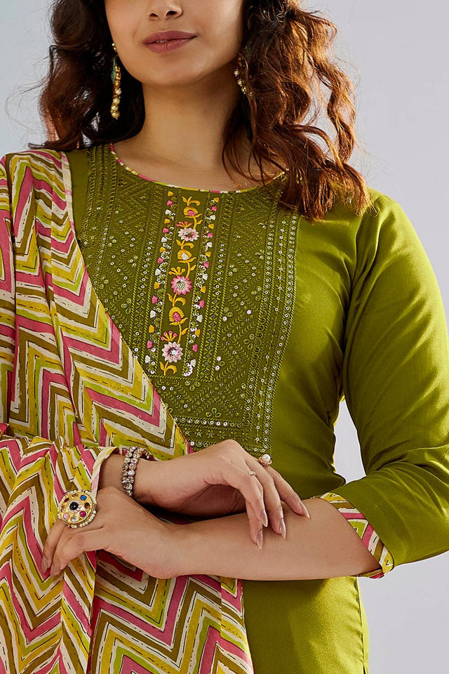 Mehendi Sequin with Embroidered Cotton Kurti Pant Set