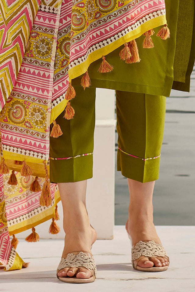 Mehendi Sequin with Embroidered Cotton Kurti Pant Set