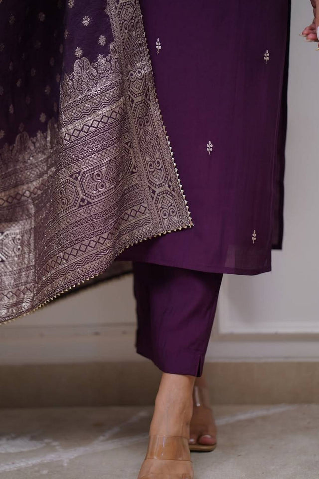 Purple Floral Embroidered Chanderi Kurti Pant Set