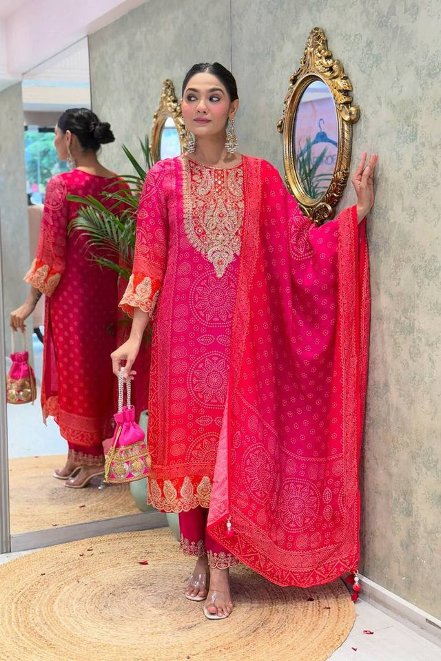 Pink Bandhani Printed Crepe Straight Cut Suit Set