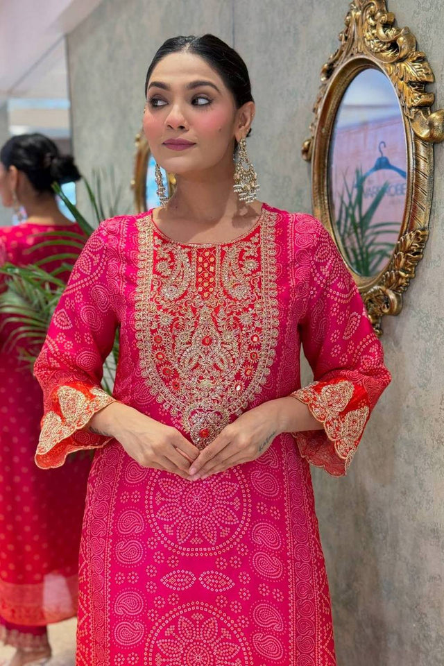 Pink Bandhani Printed Crepe Straight Cut Suit Set