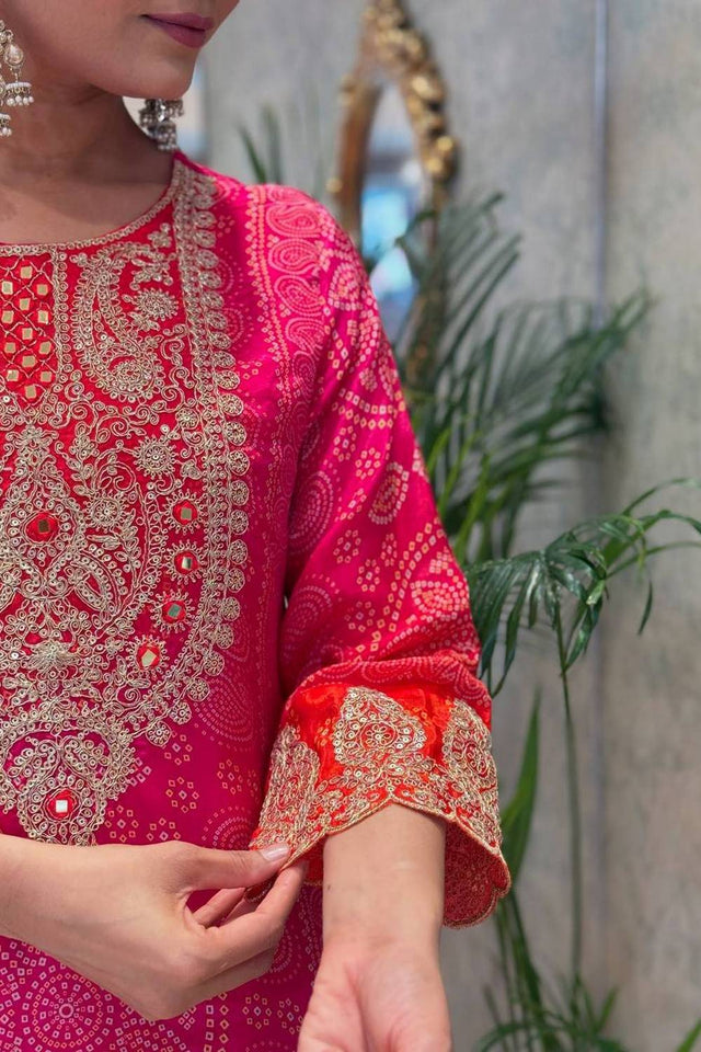 Pink Bandhani Printed Crepe Straight Cut Suit Set
