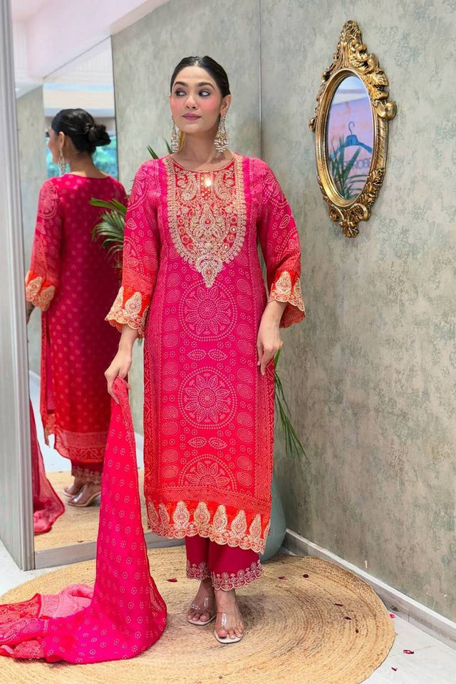 Pink Bandhani Printed Crepe Straight Cut Suit Set