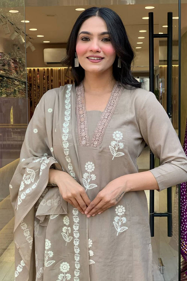 Cream Floral Embroidered Cotton Kurti Pant Set