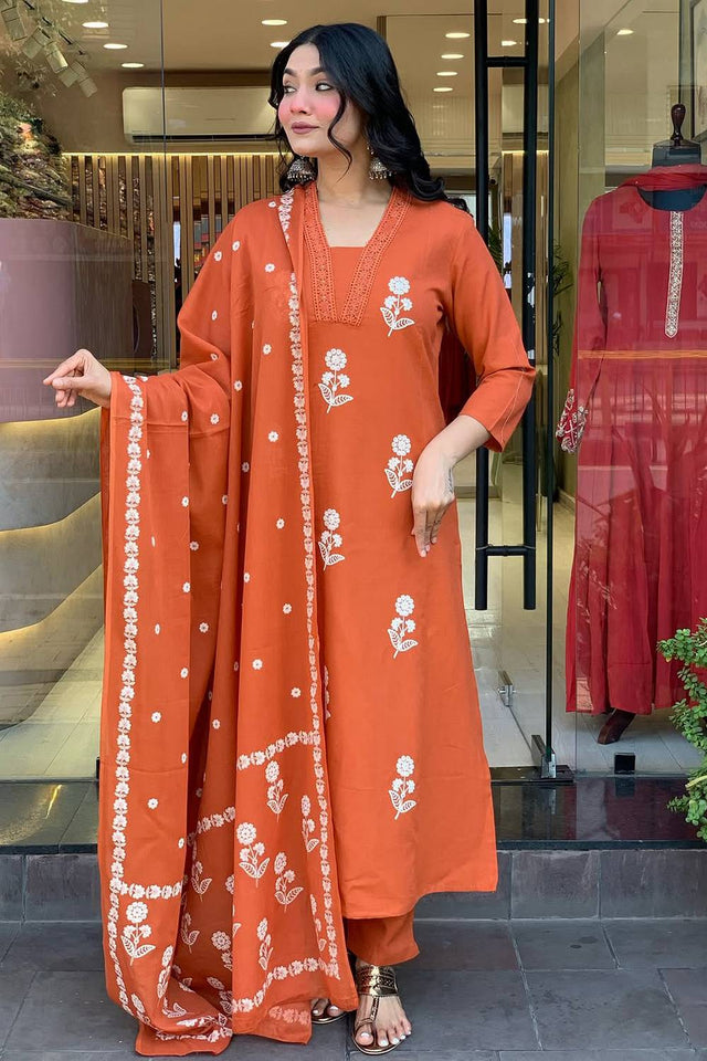 Orange Floral Embroidered Cotton Kurti Pant Set