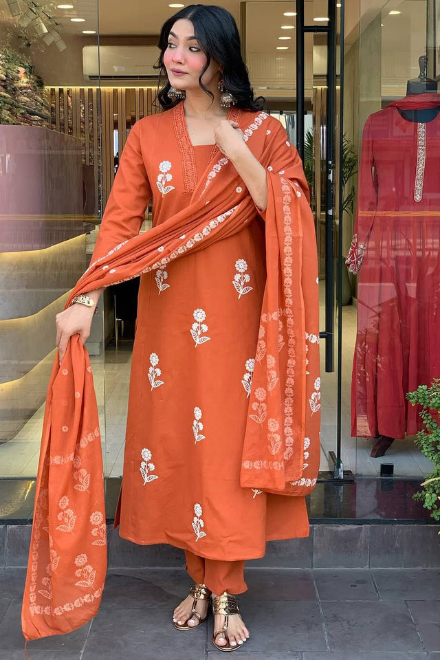 Orange Floral Embroidered Cotton Kurti Pant Set