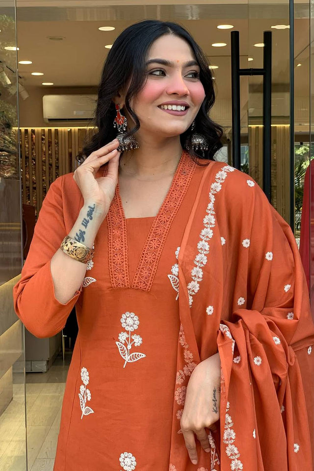 Orange Floral Embroidered Cotton Kurti Pant Set
