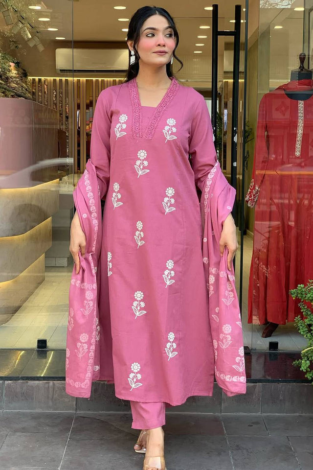 Peach Floral Embroidered Cotton Kurti Pant Set