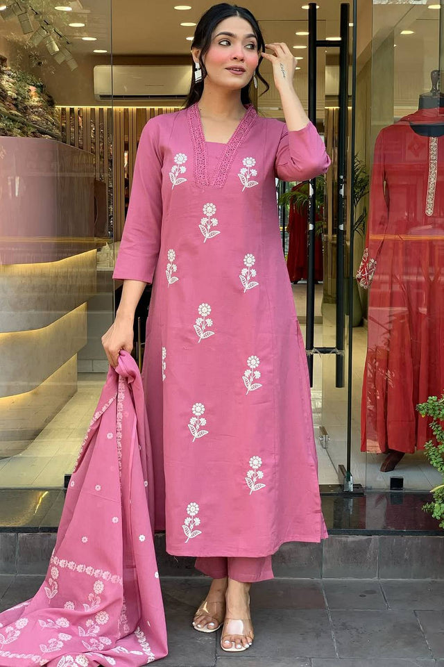 Peach Floral Embroidered Cotton Kurti Pant Set