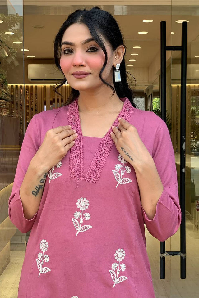 Peach Floral Embroidered Cotton Kurti Pant Set