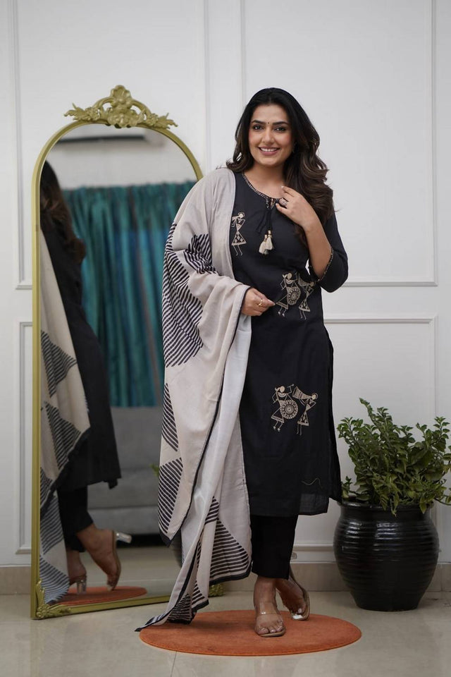 Black Floral Embroidered Silk Kurti Pant Set