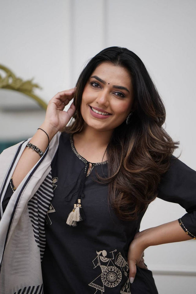 Black Floral Embroidered Silk Kurti Pant Set