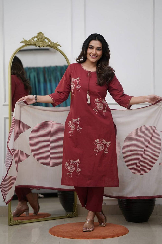 Maroon Floral Embroidered Silk Kurti Pant Set