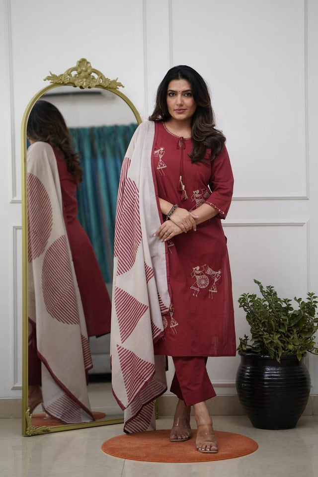 Maroon Floral Embroidered Silk Kurti Pant Set
