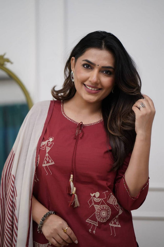 Maroon Floral Embroidered Silk Kurti Pant Set