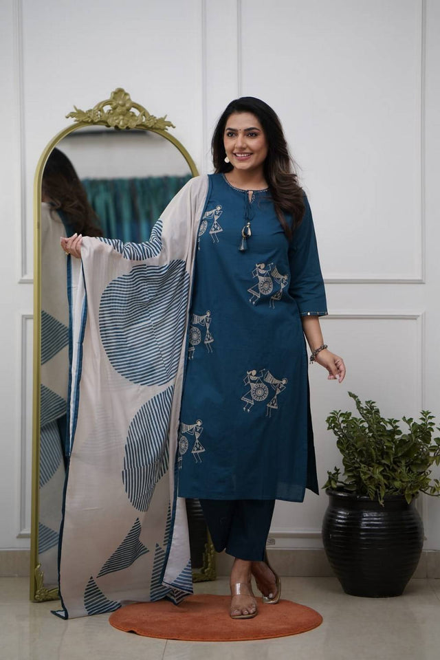 Turquoise Floral Embroidered Silk Kurti Pant Set