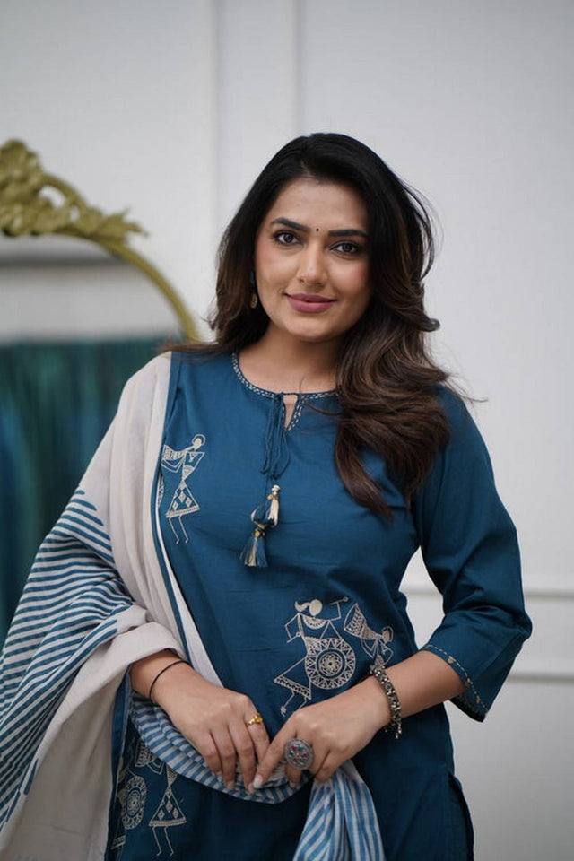 Turquoise Floral Embroidered Silk Kurti Pant Set