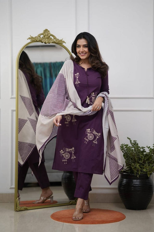Wine Floral Embroidered Silk Kurti Pant Set