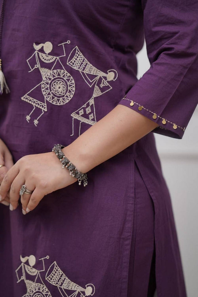 Wine Floral Embroidered Silk Kurti Pant Set