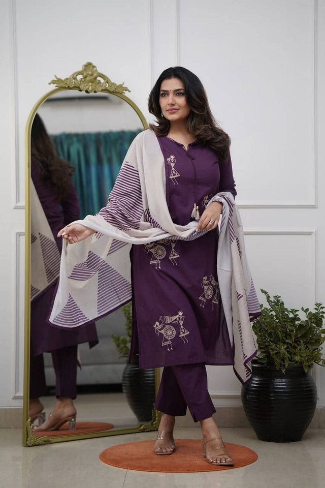 Wine Floral Embroidered Silk Kurti Pant Set